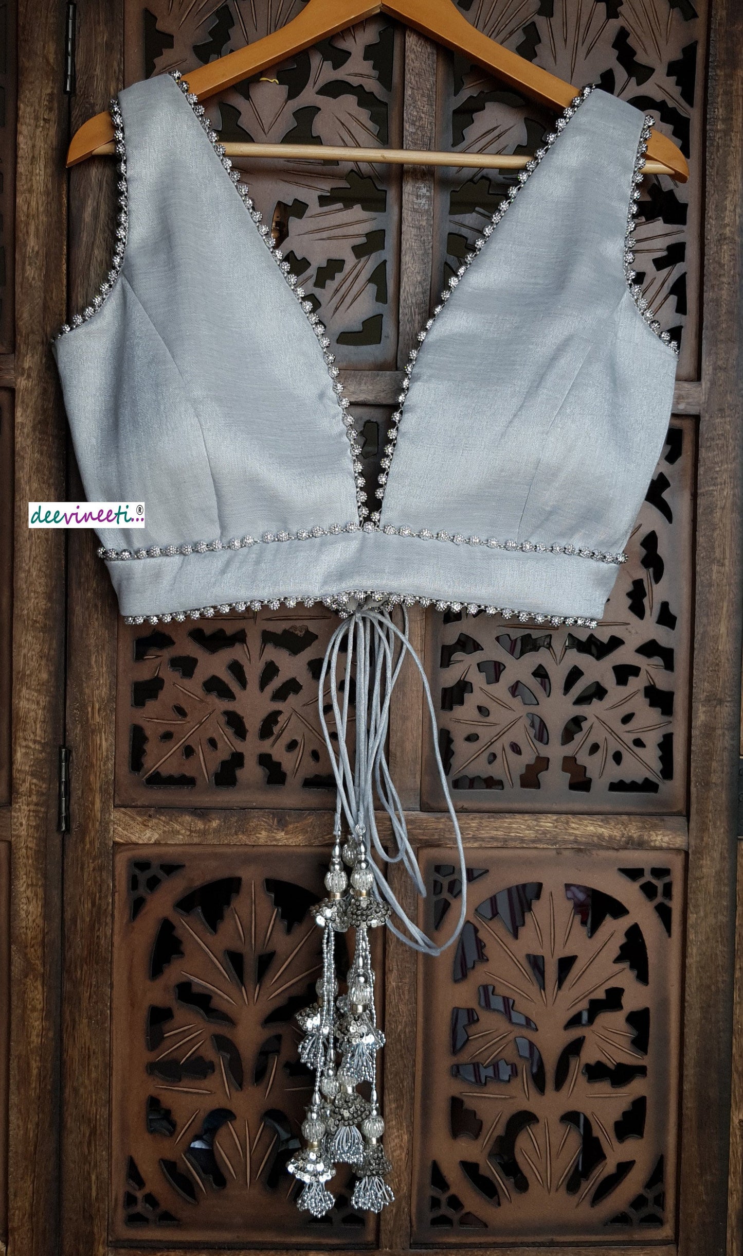 Silver Embellished Tissue Silk  Plunge Neckline Blouse DVBL_115