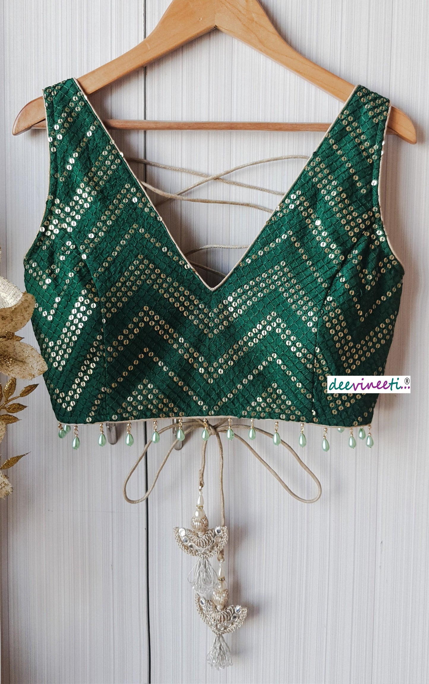 Green Sequins Chevron  Embroidered Silk Blouse  DVBL_152