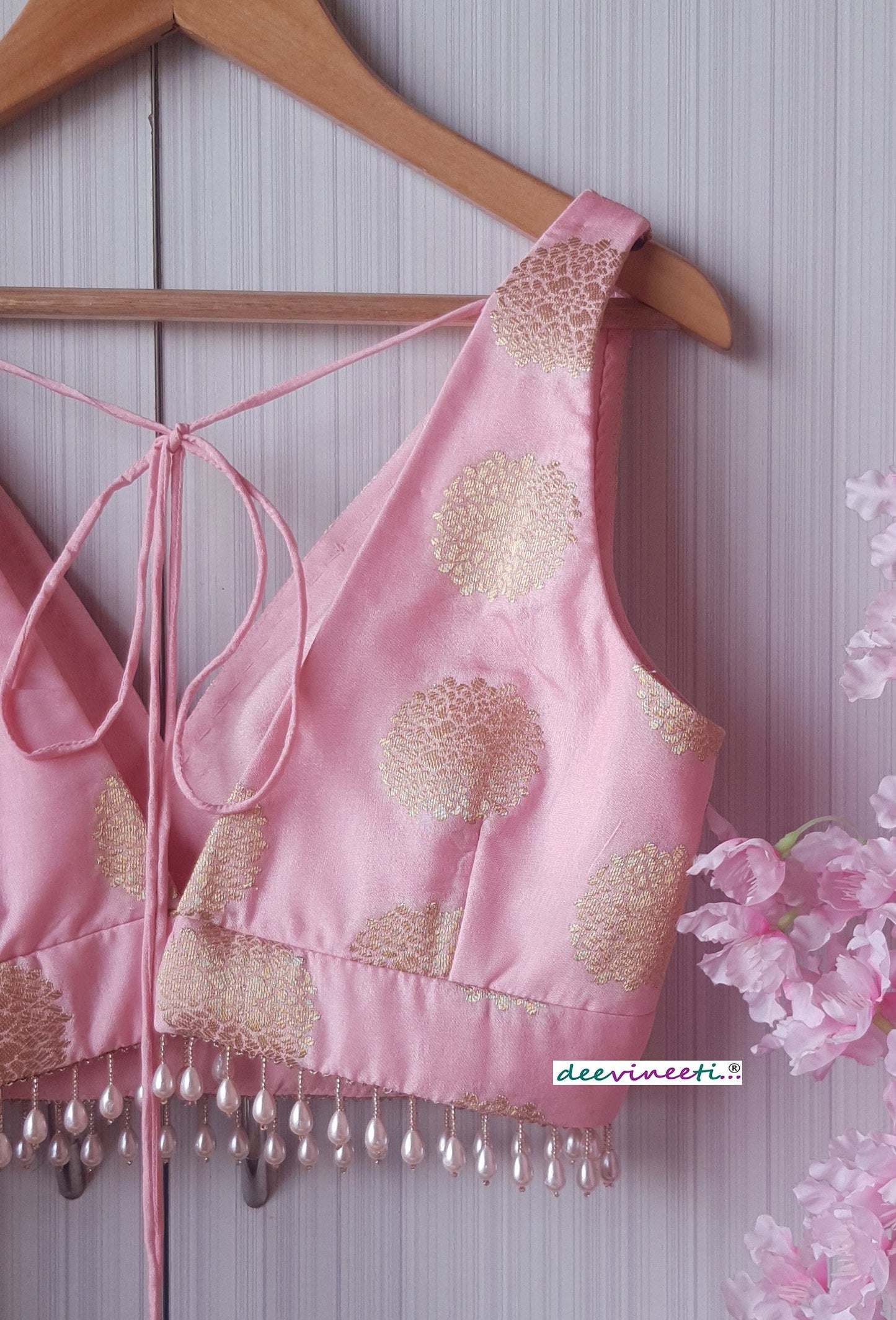 Pink Brocade Silk Blouse V Neck DVBL_192