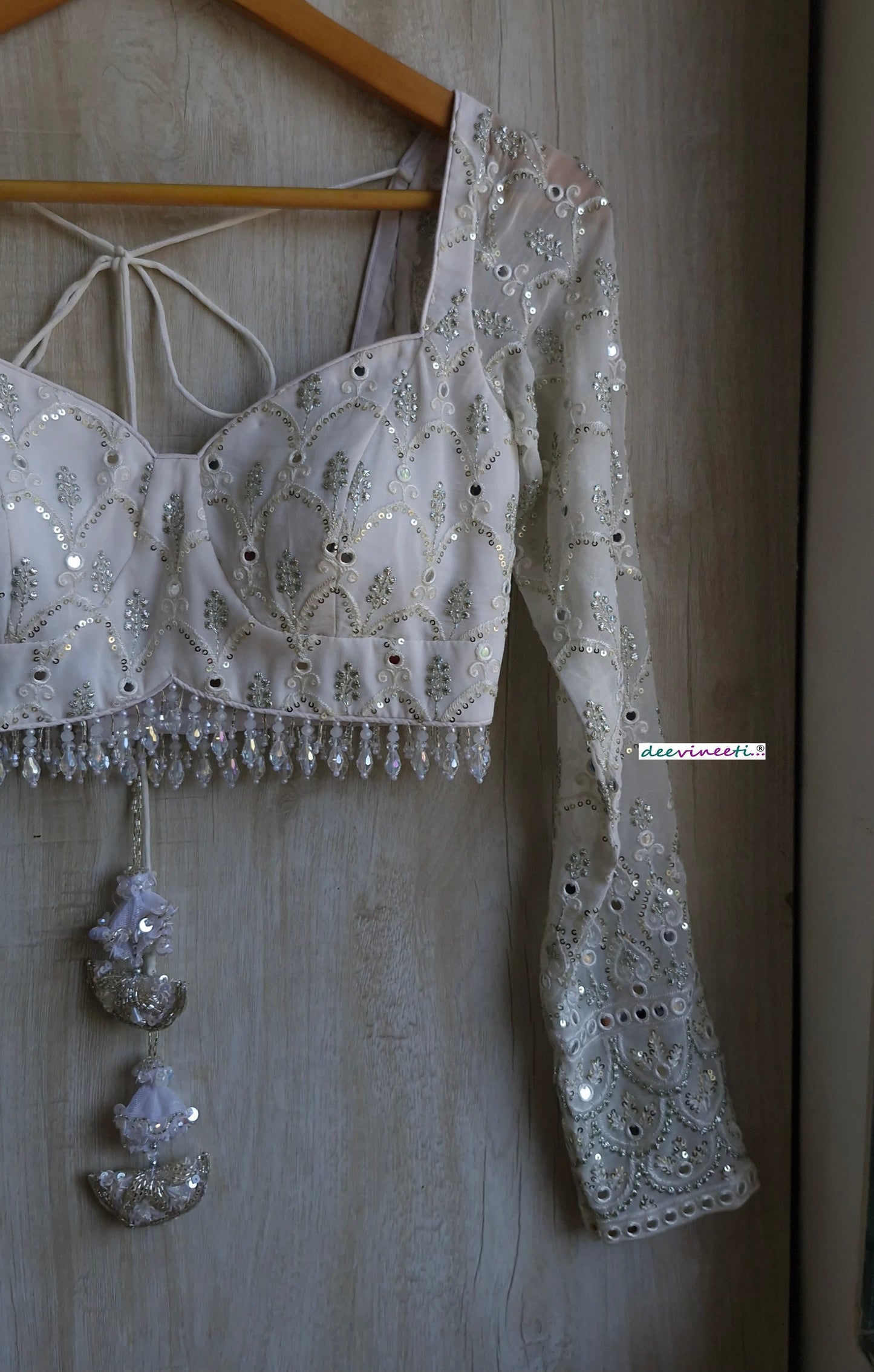 White and Silver Embroidered  Long Sleeves  Blouse DVBL_349