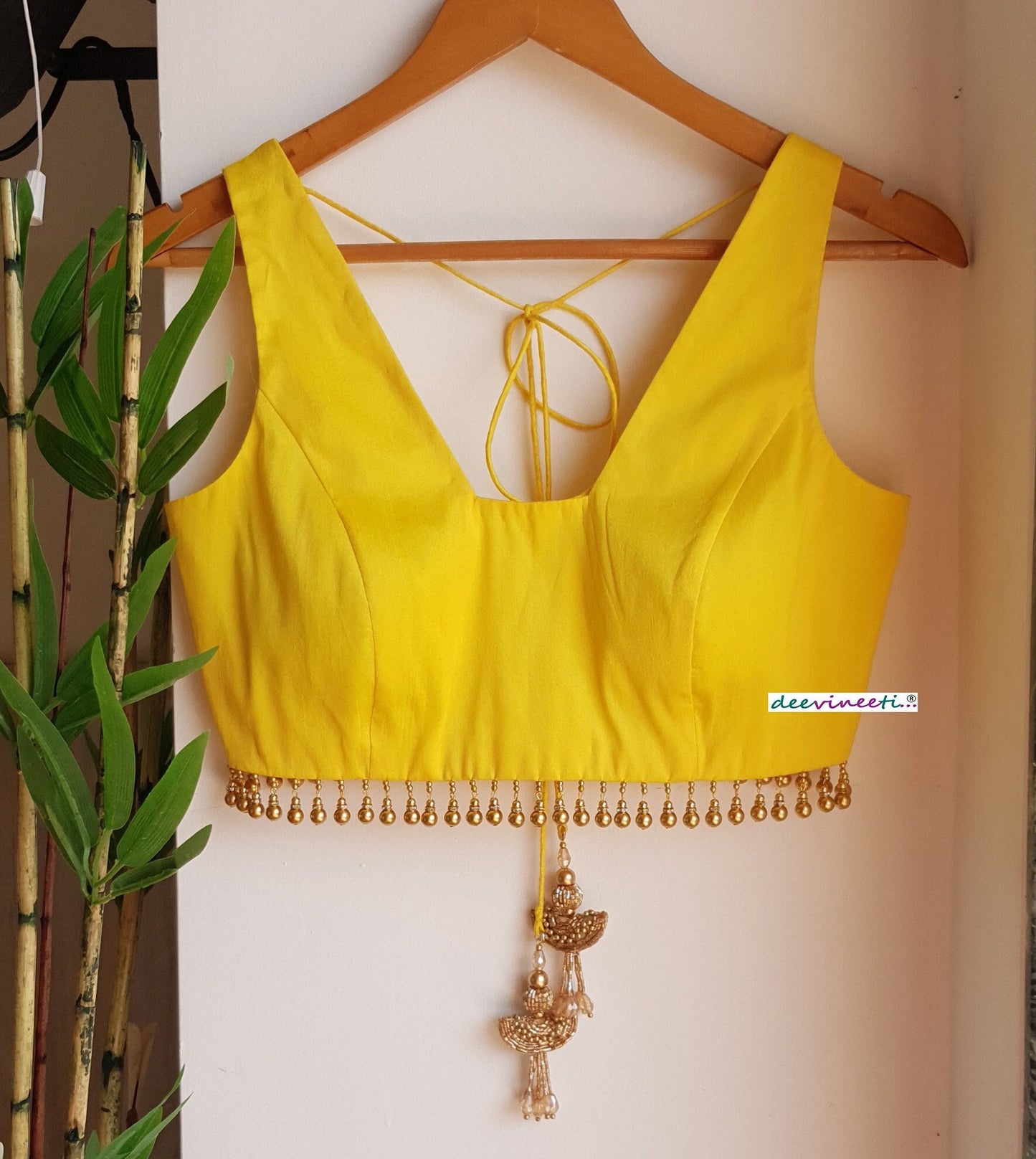 Yellow Raw Silk Trapeze Neck Blouse DVBL_291