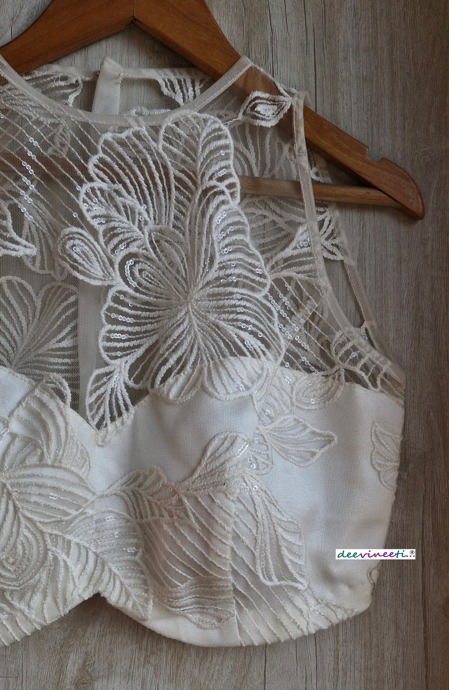 Off-White Embroidered Net Jewel Neck Blouse  DVBL_347