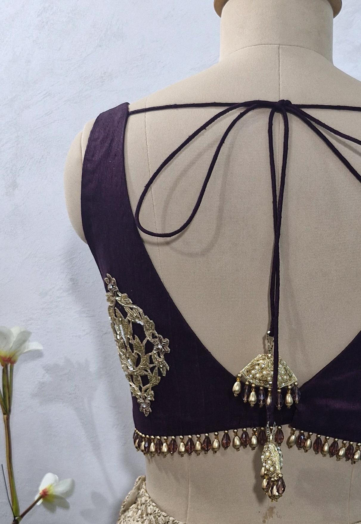 Hand Embroidered Burgundy Wine Raw Silk Blouse DVBL_432