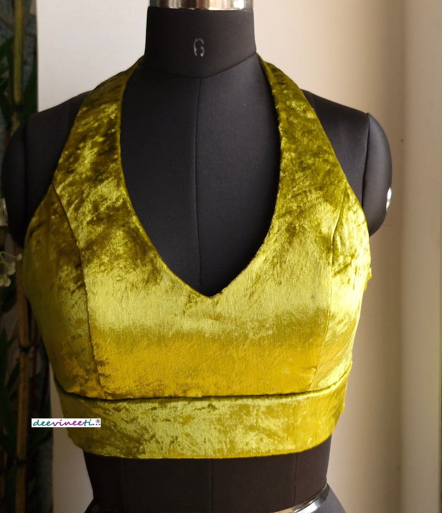 Olive Green Viscose Velvet Halter Neck Blouse DVBL_333