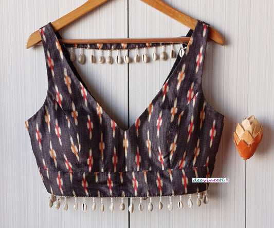 Grey Ikkat Print Khadi Silk Deep V Neck Blouse DVBL_224