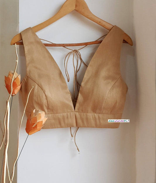 Raw Silk Blouse Plunge Neck Solid Blouse DVBL_273