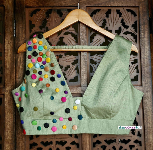 Green Raw Silk Button Embellished Blouse  DVBL_135