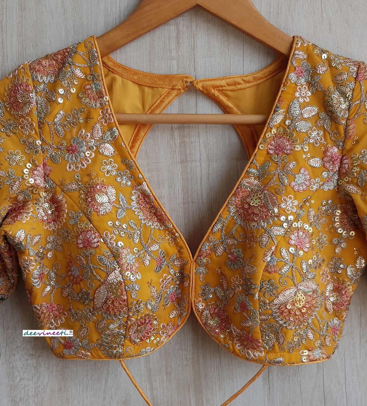 Yellow Embroidered V Neck Elbow Sleeves Blouse DVBL_301