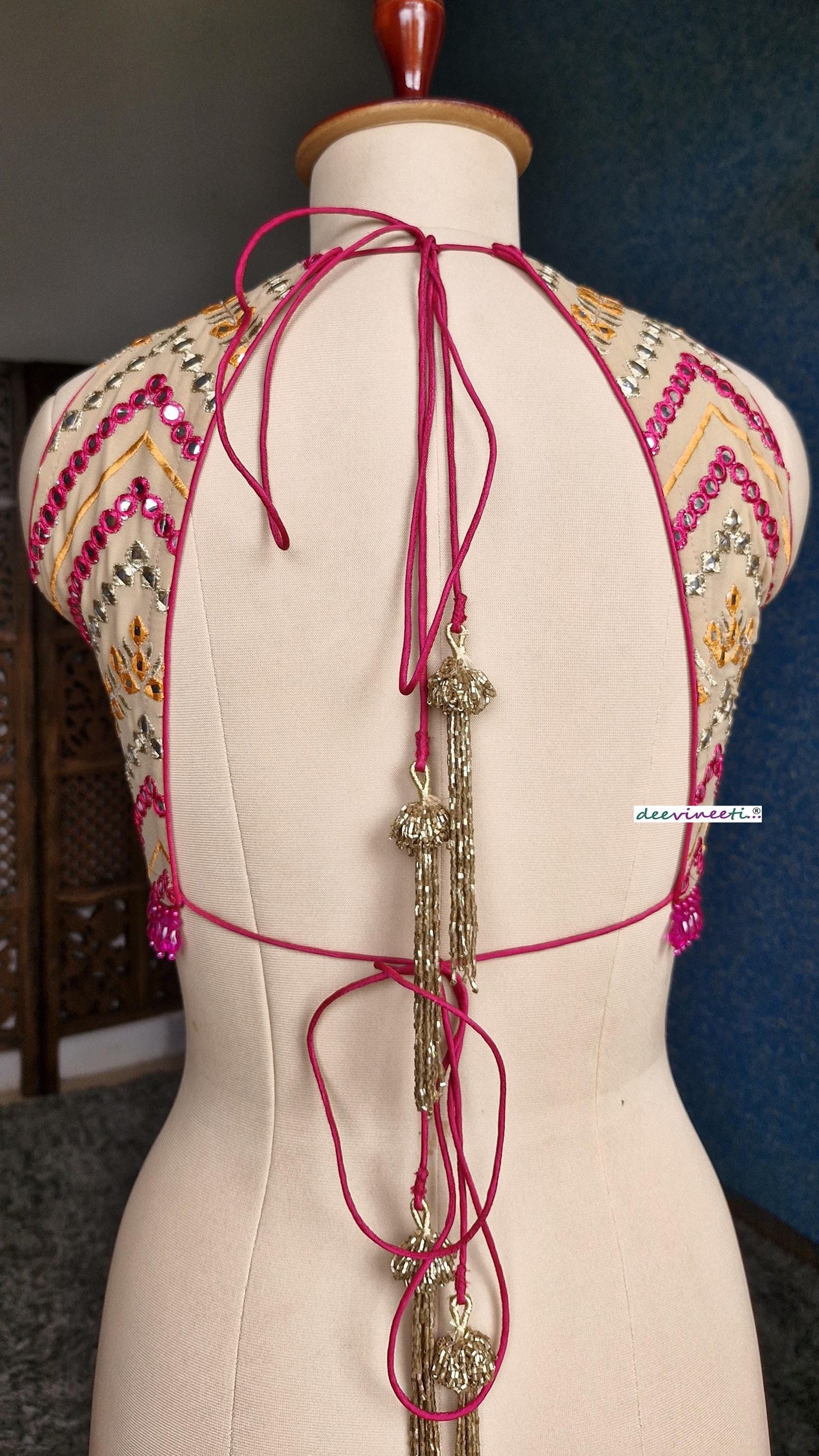 Beige Chevron Embroidered  Halter Neck Blouse DVBL_367