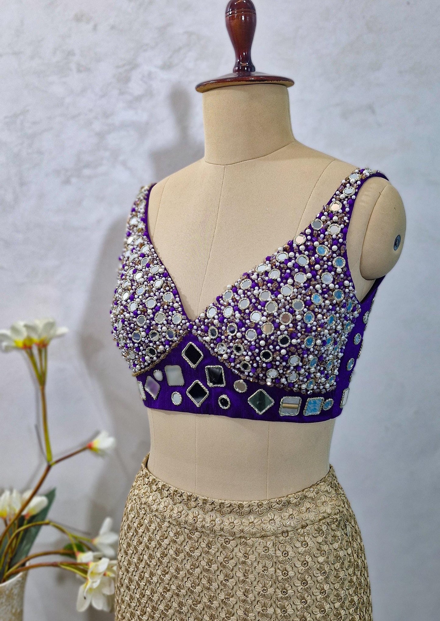 Beads and Mirror Hand Embroidered Purple Raw Silk Blouse DVBL_431