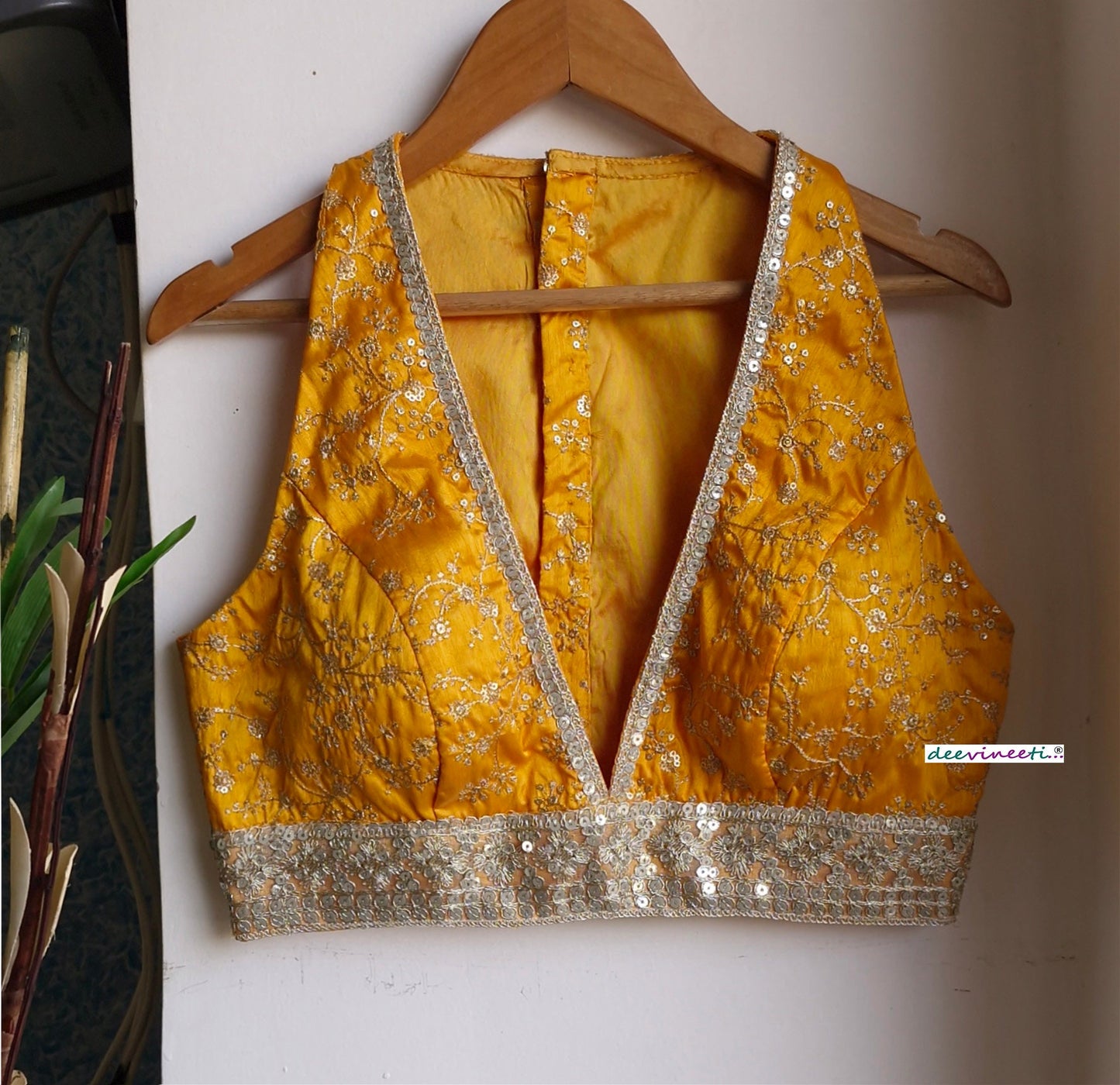 Embroidered Amber Yellow and Gold Plunge Neckline Blouse DVBL_358