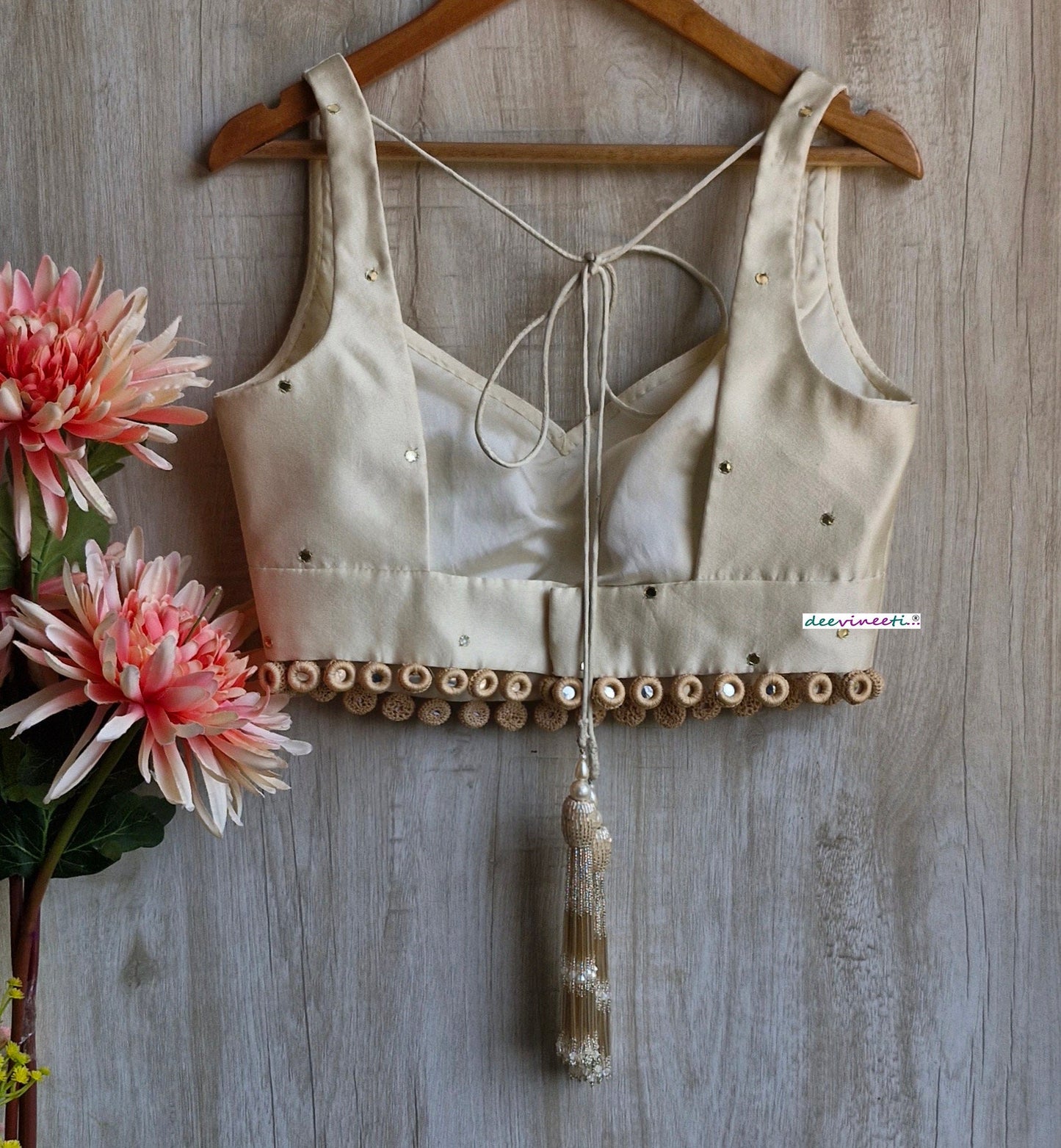 Cream Linen Tissue Silk Semi Sweetheart Neck Blouse DVBL_351