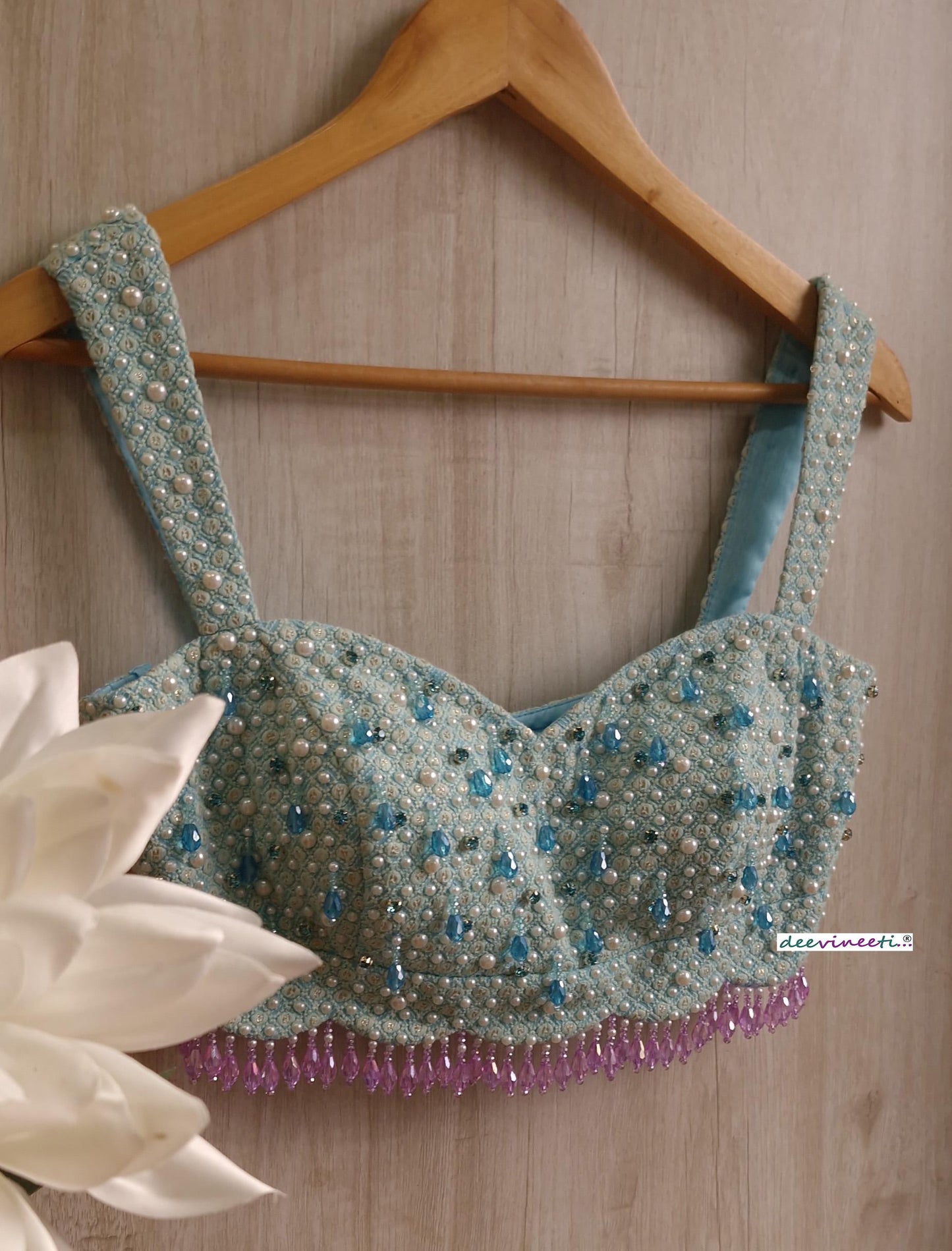 Blue Embroidered Sweetheart Neck Blouse DVBL_372