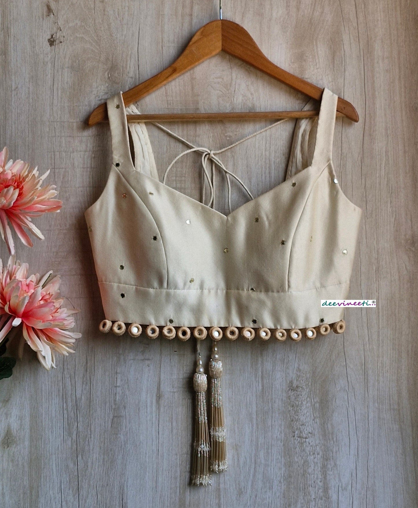Cream Linen Tissue Silk Semi Sweetheart Neck Blouse DVBL_351