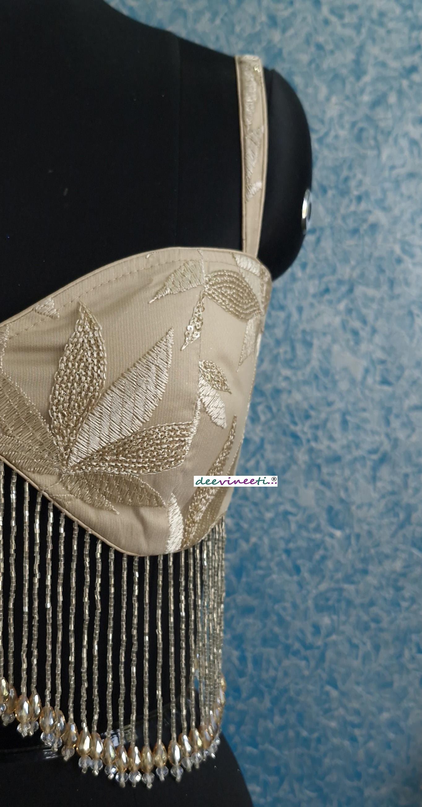 Beige Embroidered Net Spaghetti Blouse with Beads Fringes DVBL_389
