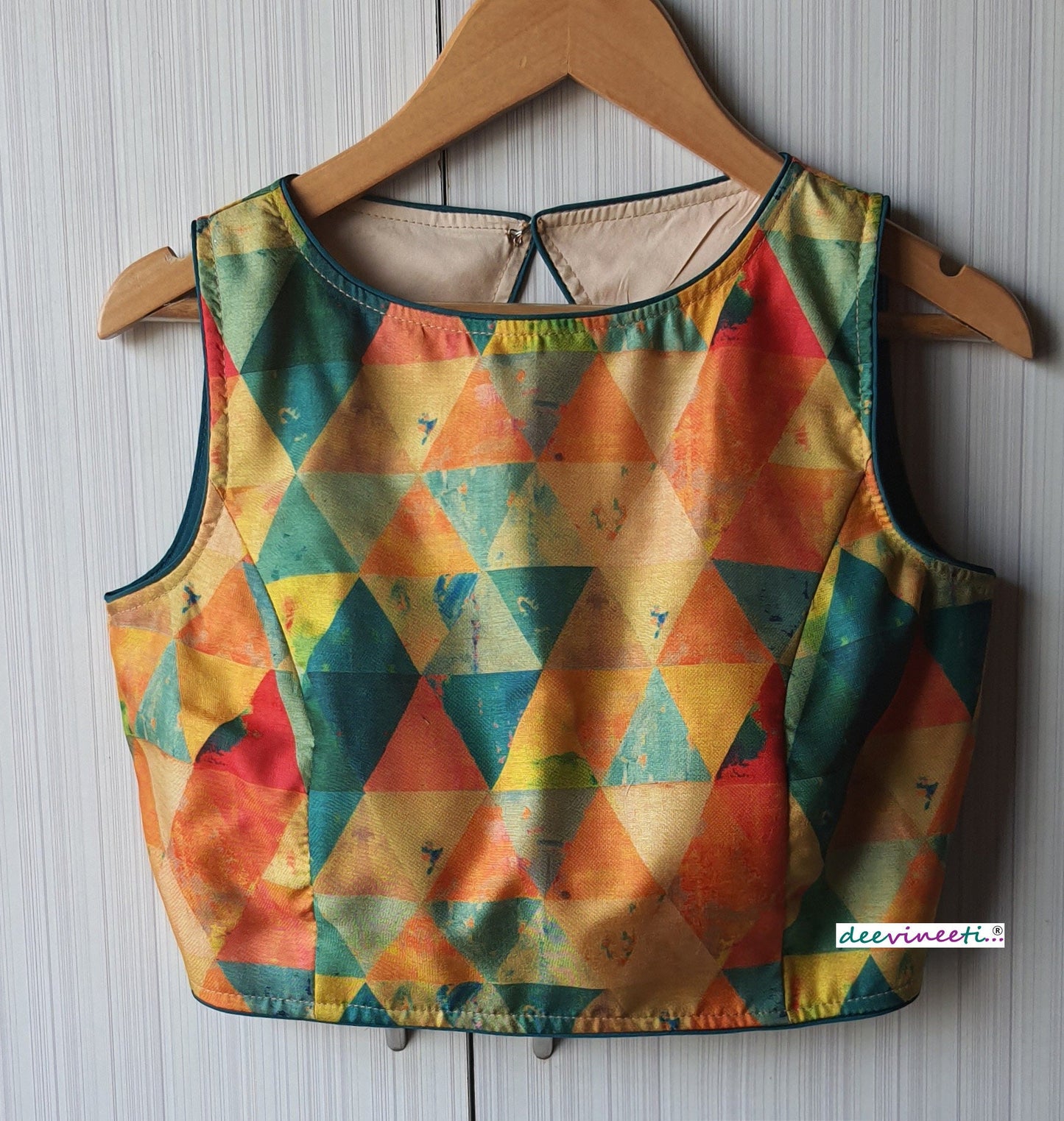 Multicolor Printed Khadi Silk Small Round Neck Blouse Sleeveless Open Back DVBL_075