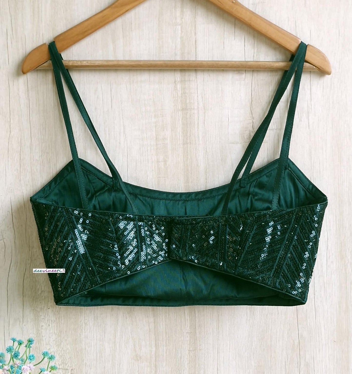 Bottle Green Sequins Embroidered Spaghetti Blouse DVBL_378