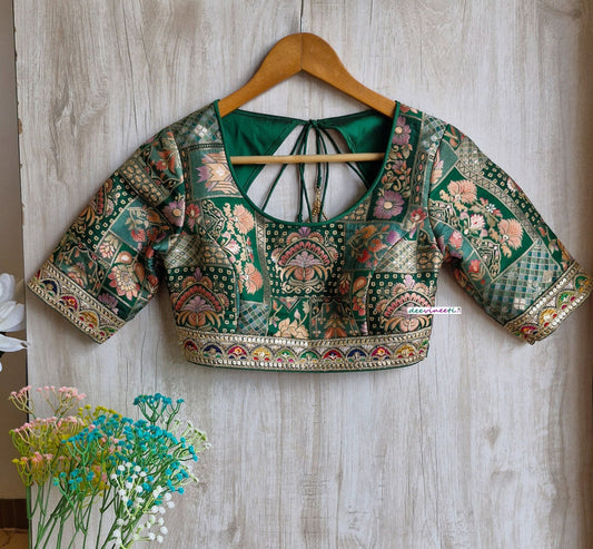 Green Jacquard Silk Round Scoop Neck Blouse DVBL_317