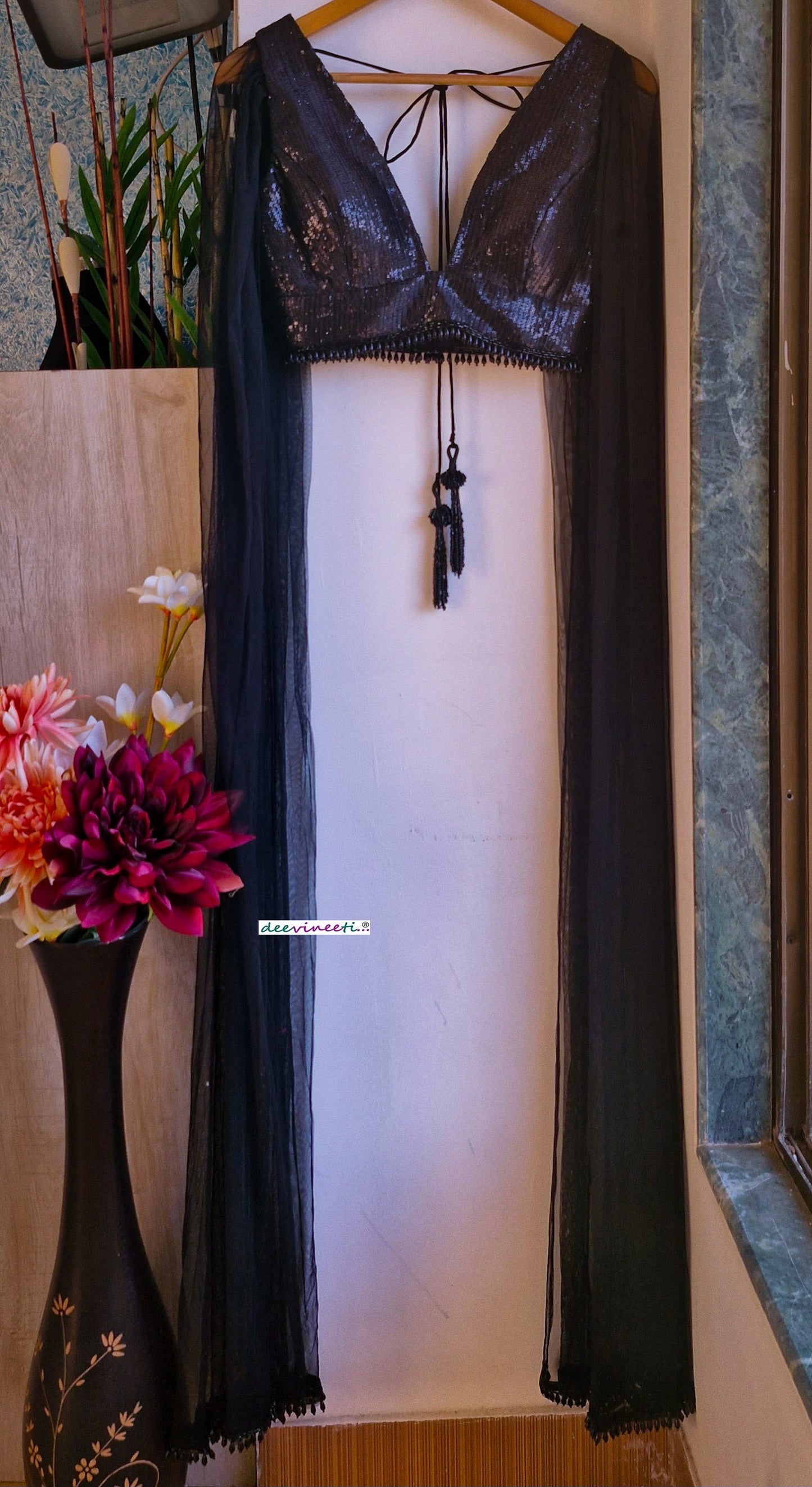 Black Sequins Embroidered Plunge Neck Cape Blouse DVBL_342