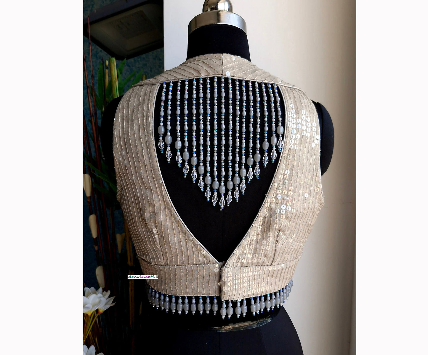 Grey Sequins Embroidered V Neck Blouse DVBL_340