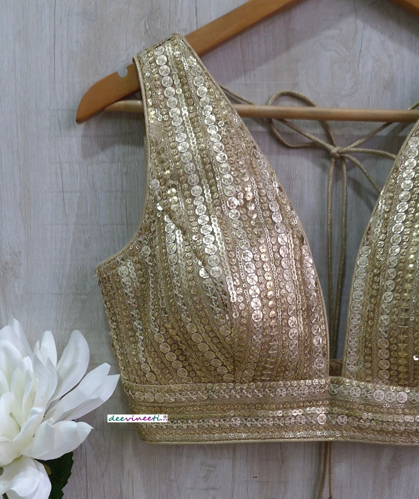 Gold Sequins Embroidered Plunge Neckline Blouse DVBL_363