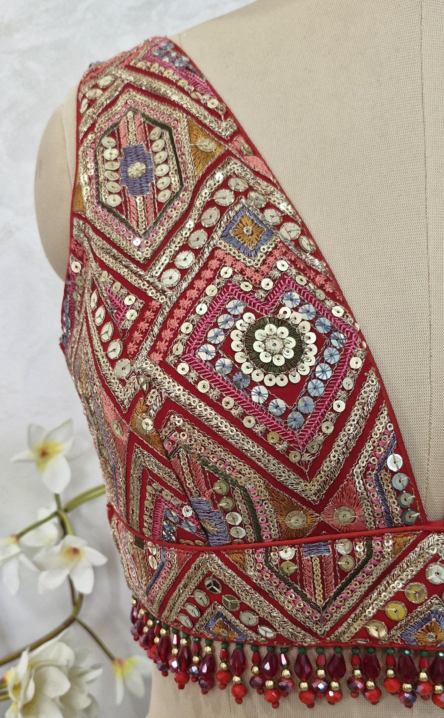 Red Embroidered Plunge Neckline DVBL_413