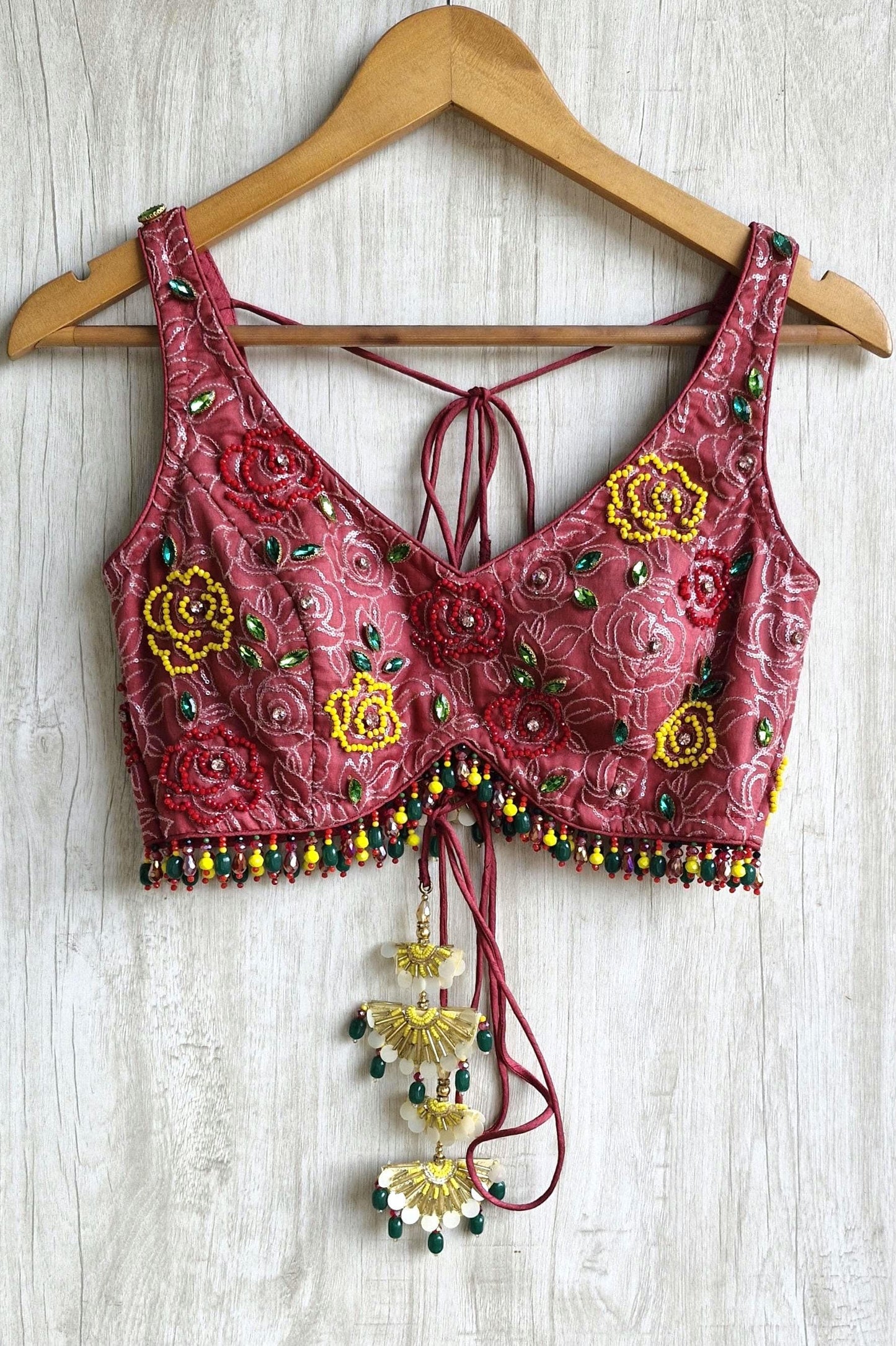 Dusty Rose Pink Beads Embroidered Organza Blouse DVBL_458