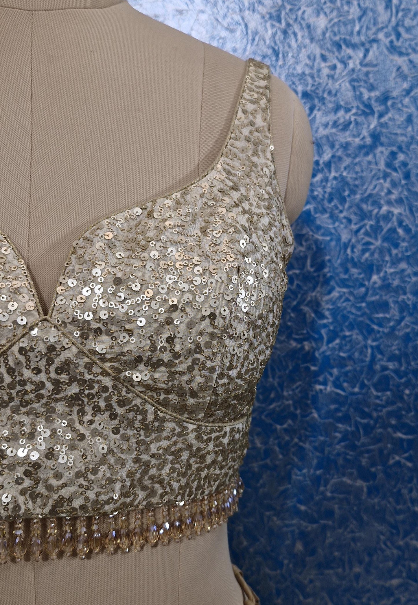 Light Gold Sequins Tissue Silk Sweetheart Neck Blouse DVBL_435