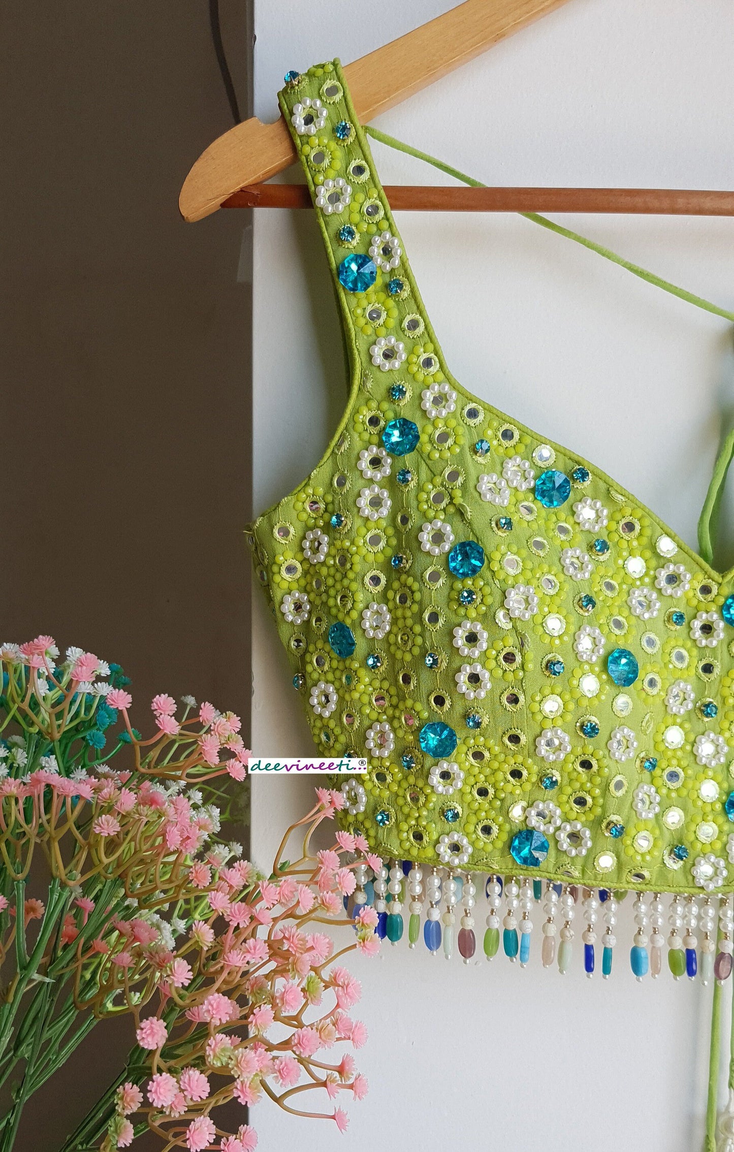 Hand Embroidered Lime Green Deep Sweetheart Neck Blouse  DVBL_287