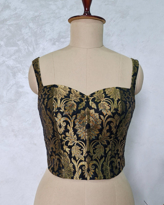 Black Gold Brocade Silk Corset Blouse DVCB_002