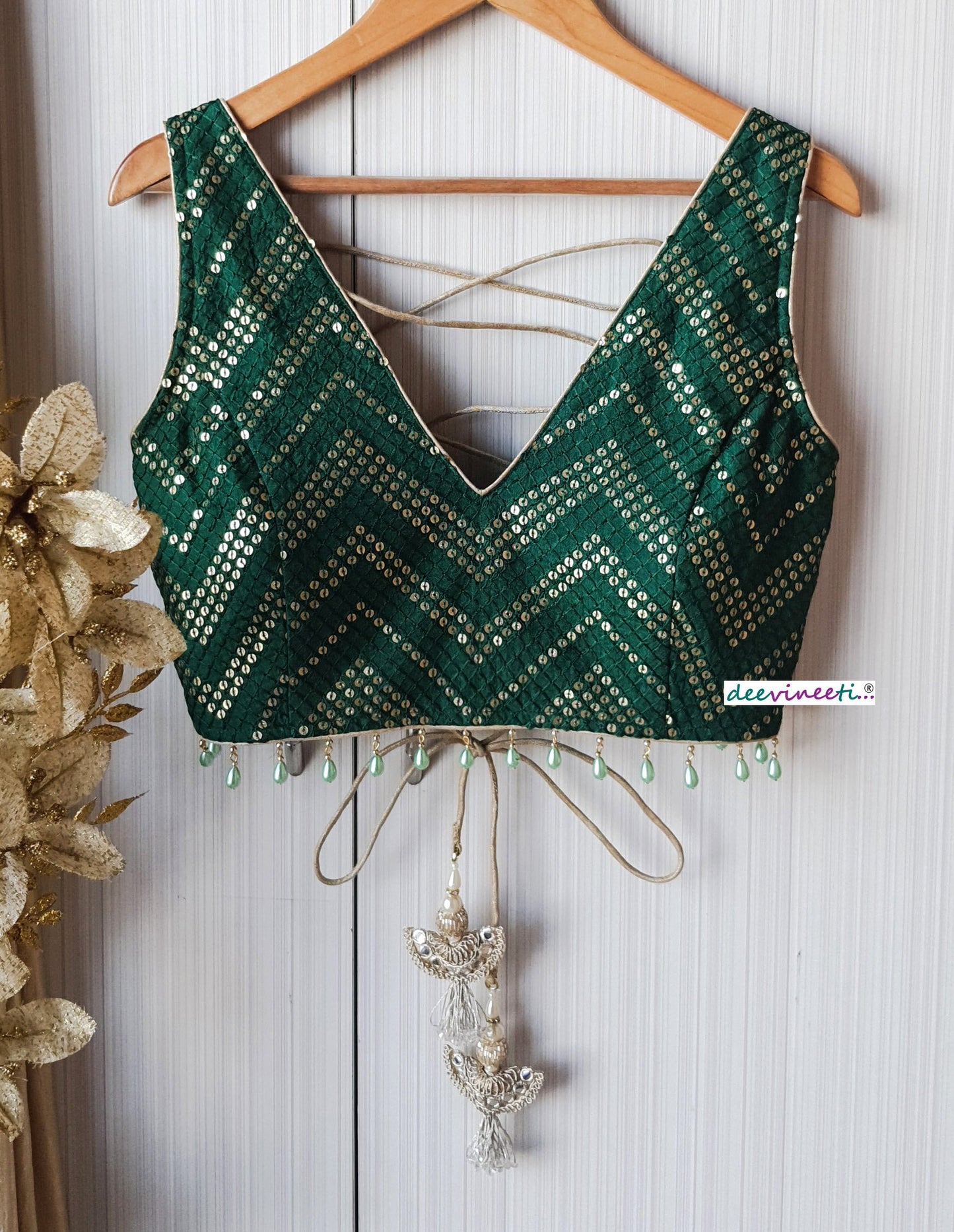 Green Sequins Chevron  Embroidered Silk Blouse  DVBL_152
