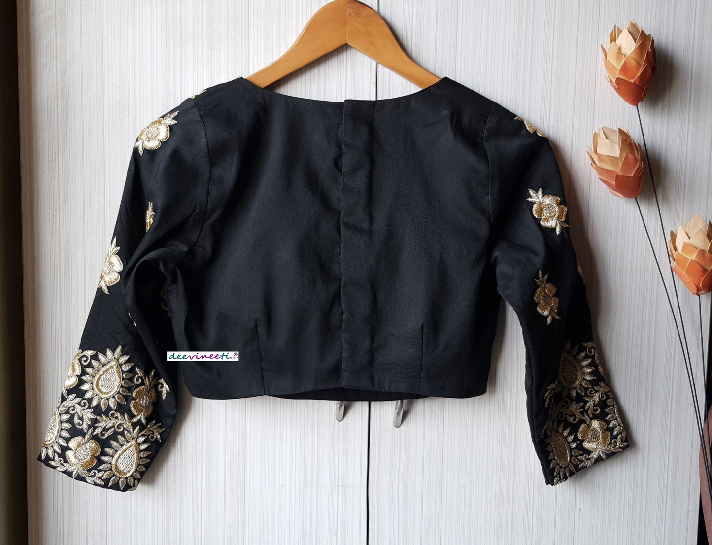 Black Silk Hand Embroidered 3/4th Sleeves Blouse DVBL_236