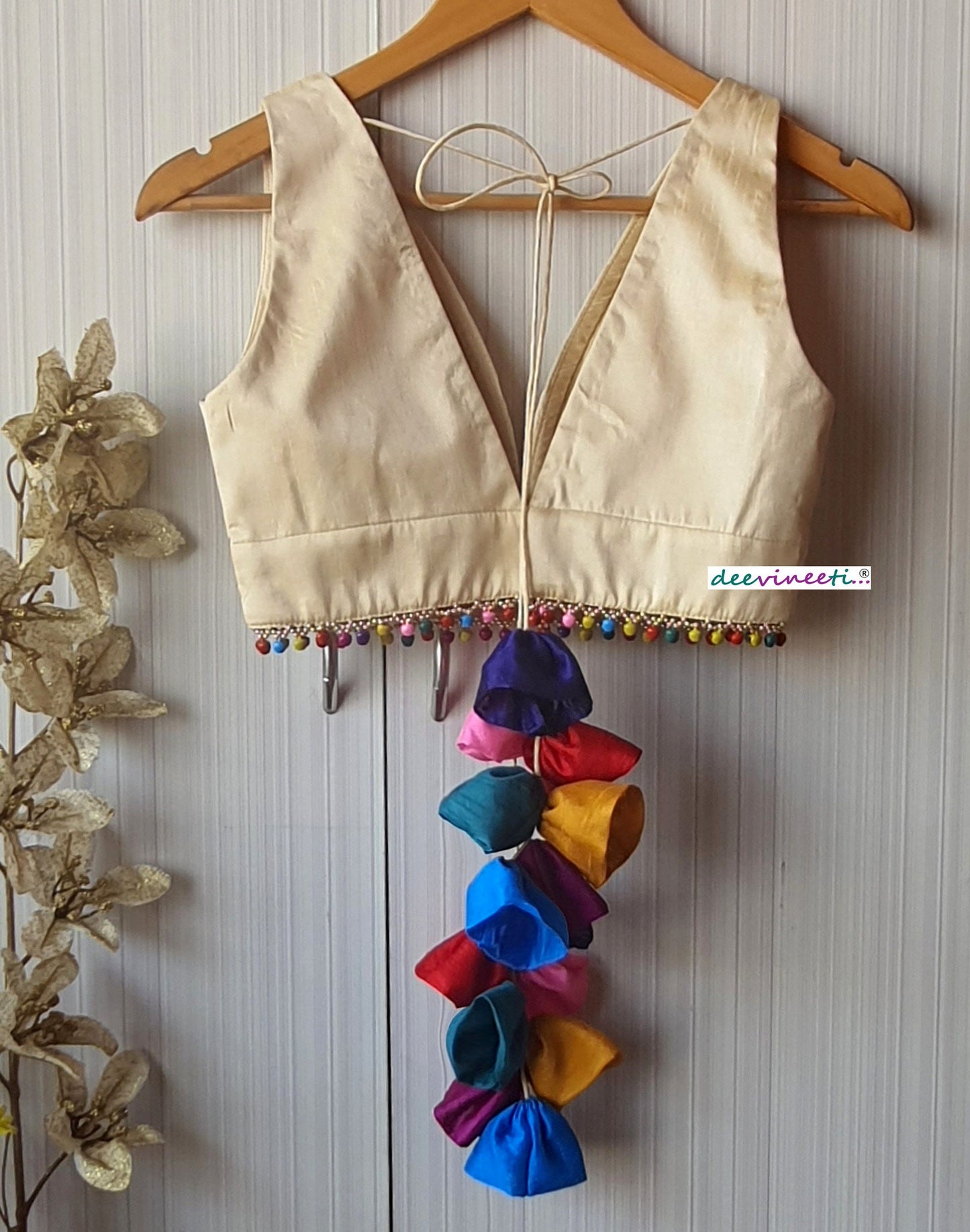 Raw Silk Plunge Neckline Blouse with Multicolor Fringes DVBL_116