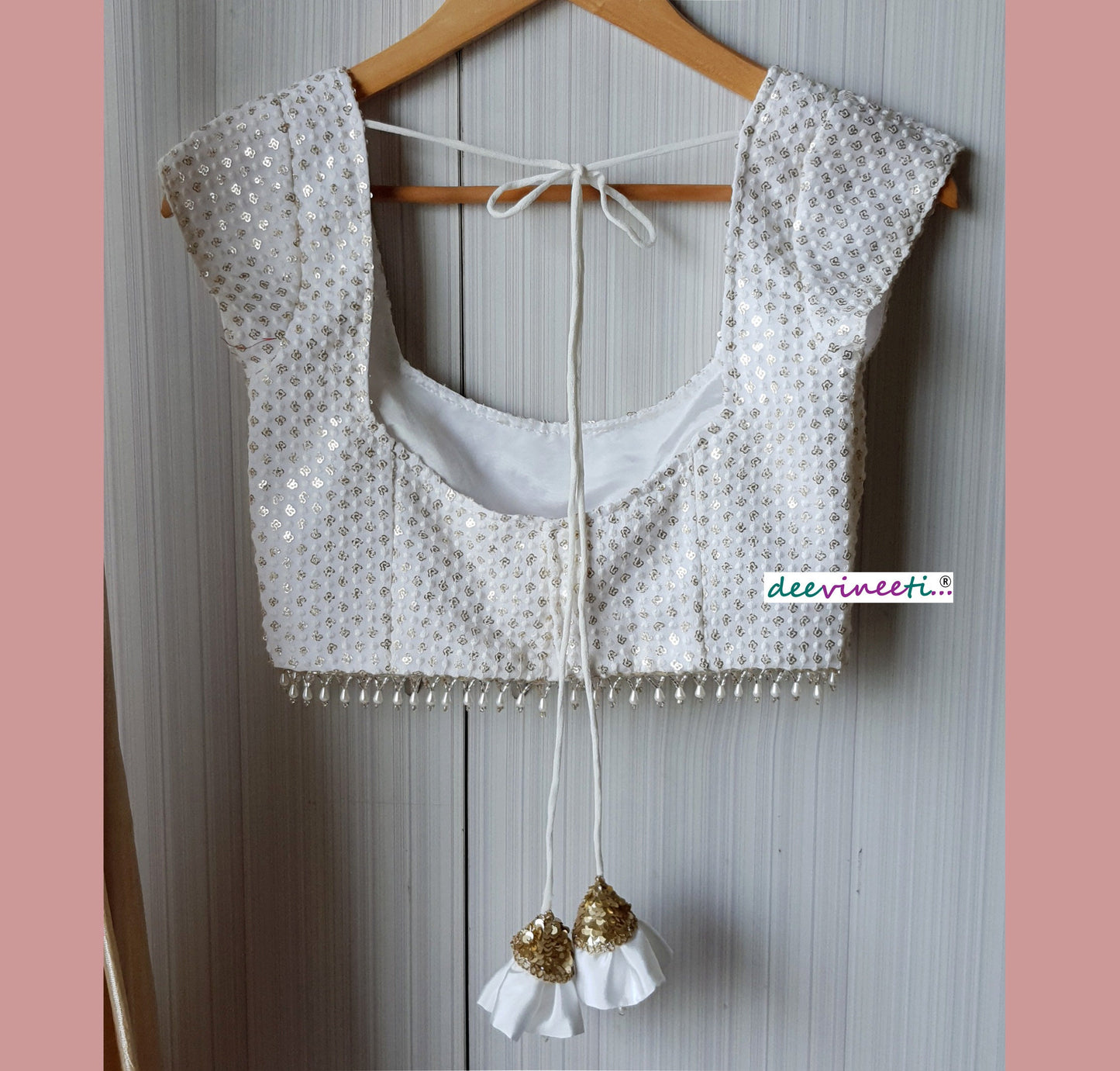 Thread Sequins Embroidered White Cap Sleeves Blouse DVBL_064