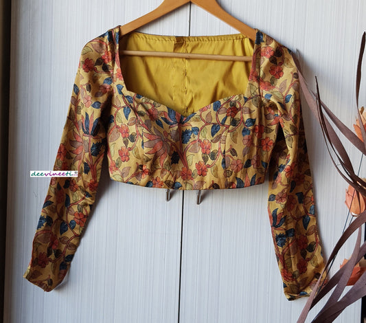 Medallion Yellow Printed Satin Silk Long Sleeves Blouse DVBL_226