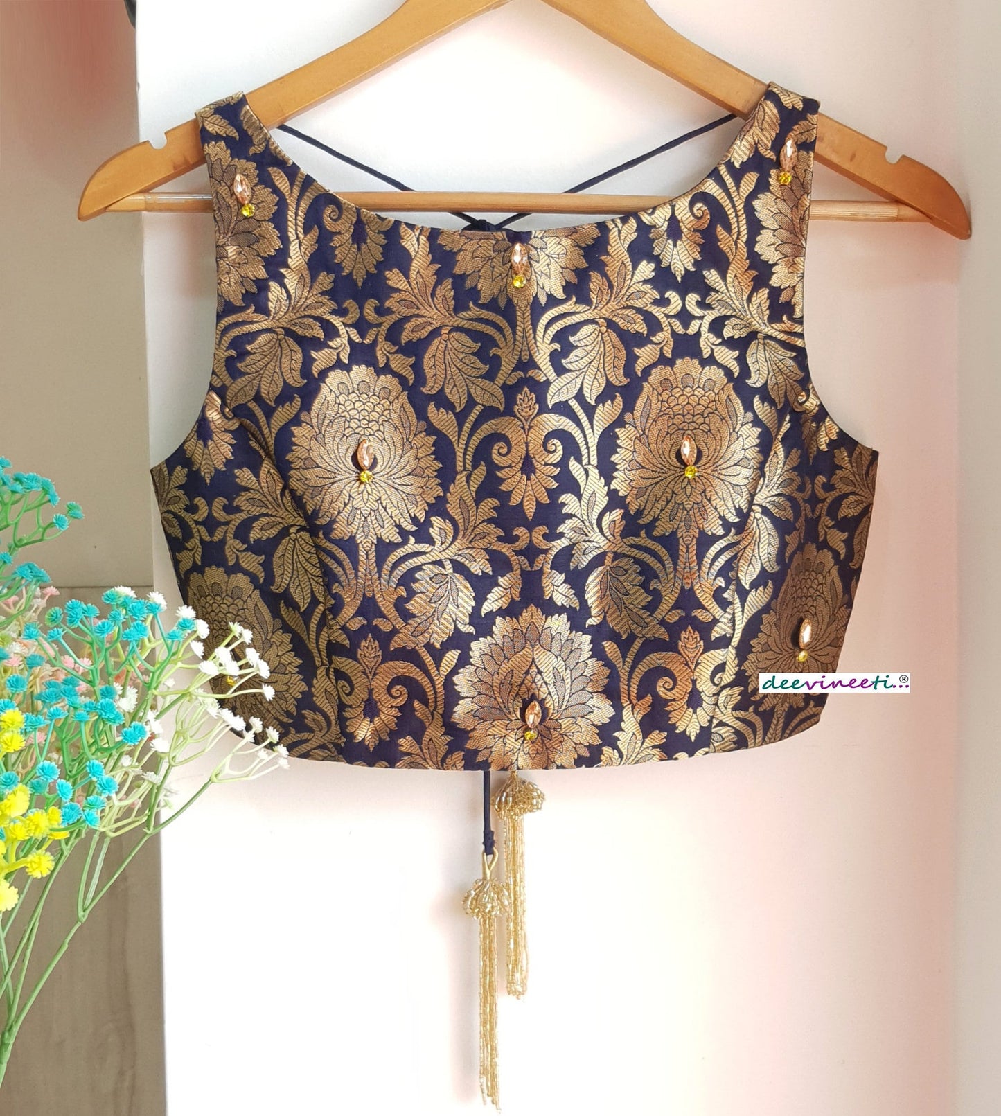 Deep Blue Brocade Blouse Sleeveless Boat Neck DVBL_127