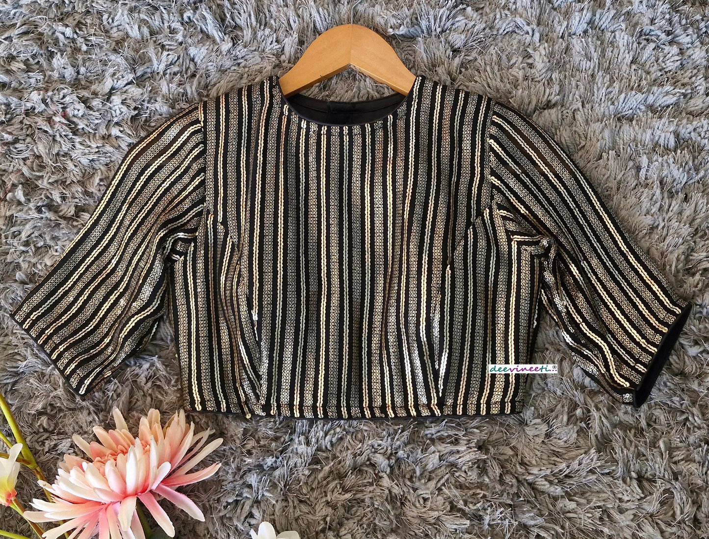 Black and Gold Sequins Embroidered Jewel Neck Blouse DVBL_350