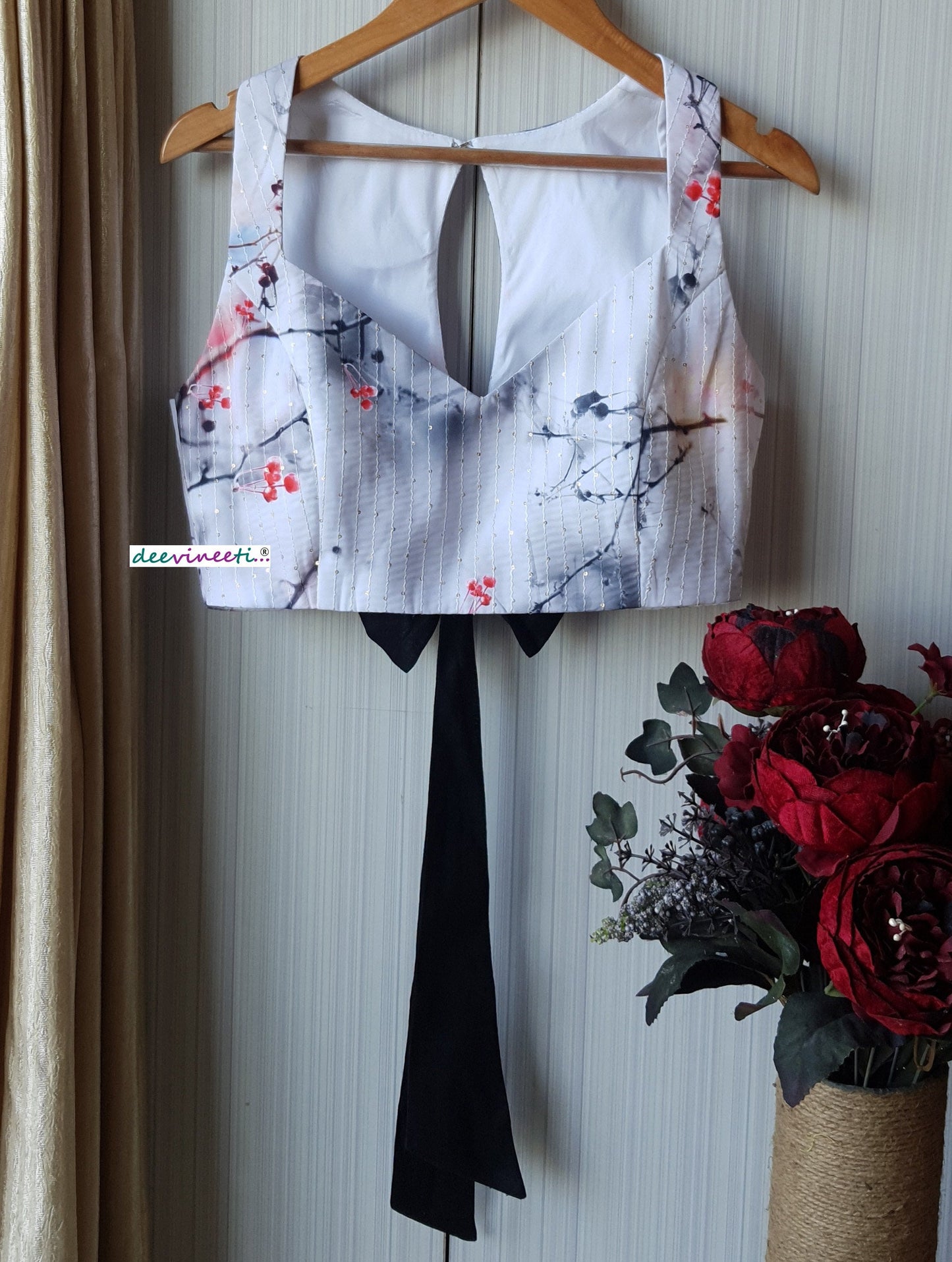 Printed Embroidered White Crepe Halter Blouse DVBL_173