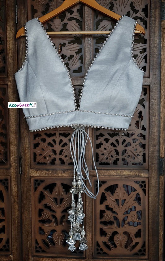 Silver Embellished Tissue Silk  Plunge Neckline Blouse DVBL_115