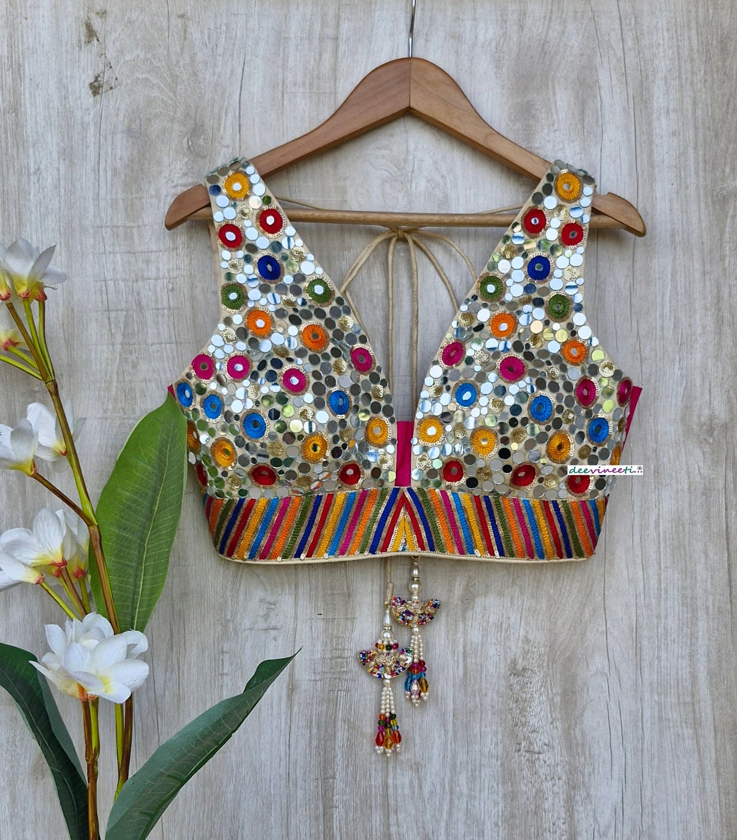 Multicolor Real Mirror Hand Embroidered Plunge Neckline Blouse DVBL_357