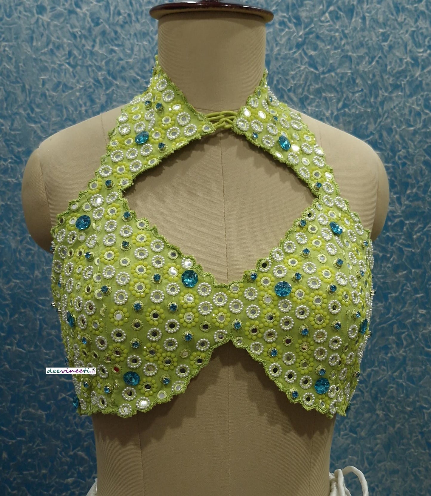 Hand Embroidered Lime Green Halter Blouse DVBL_386