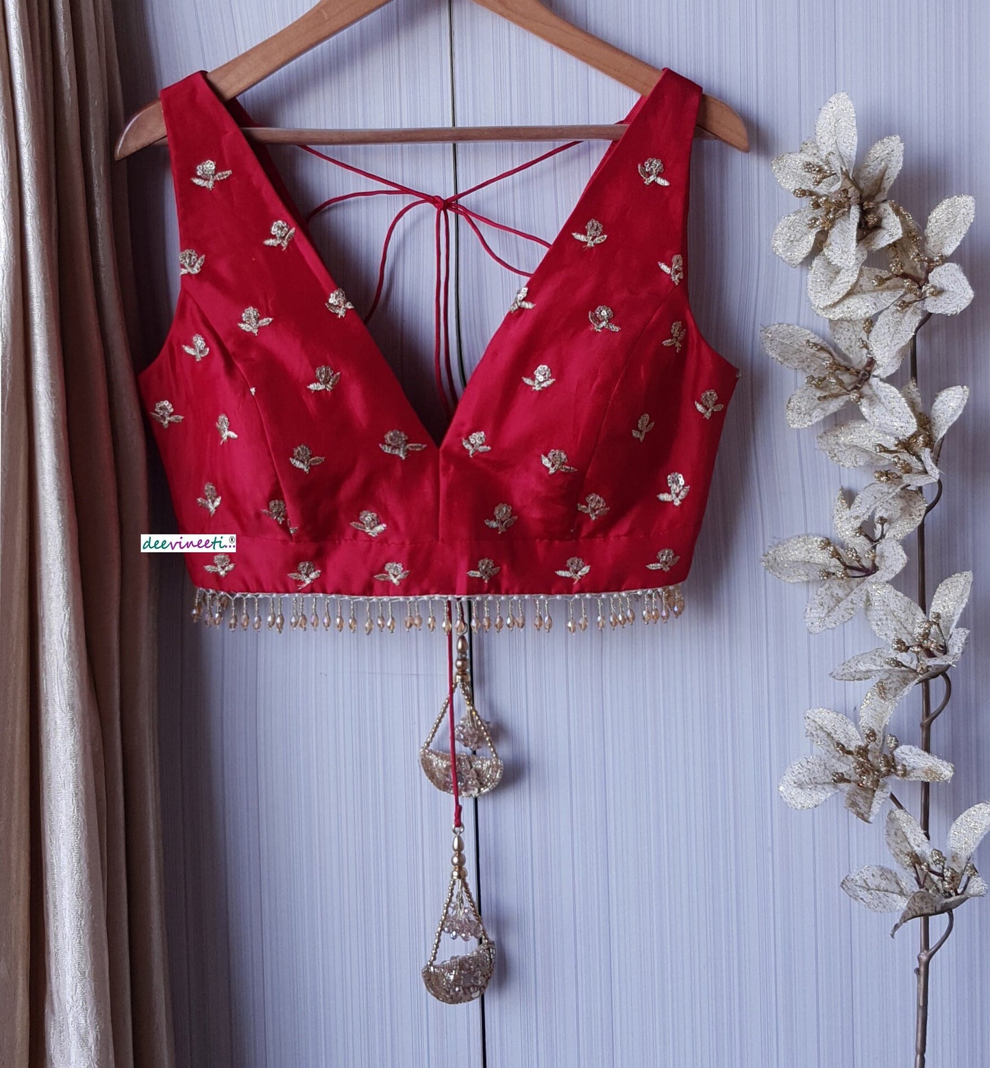Red Embroidered Upada Silk Deep V Neck Blouse DVBL_170