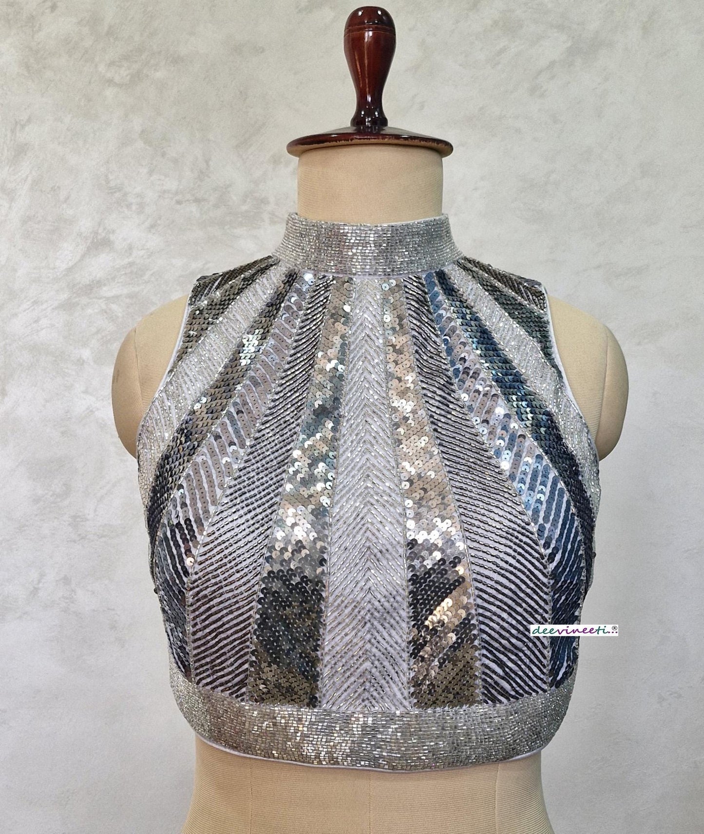 Hand Embroidered Grey Silver Blouse High Neck Sleeveless DVBL_398