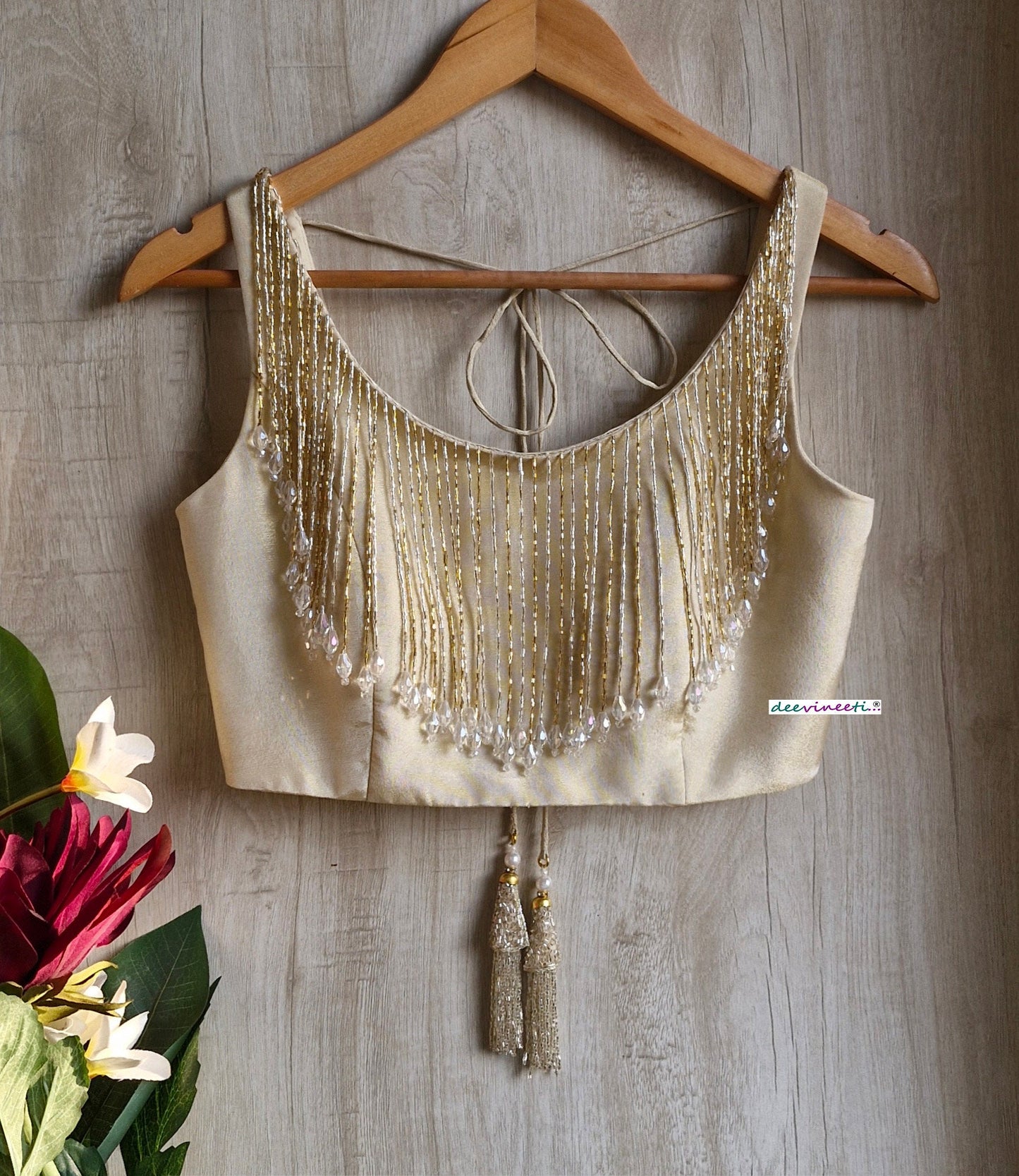 Light Gold Tissue Silk Round Neck with Fringes Blouse DVBL_353.