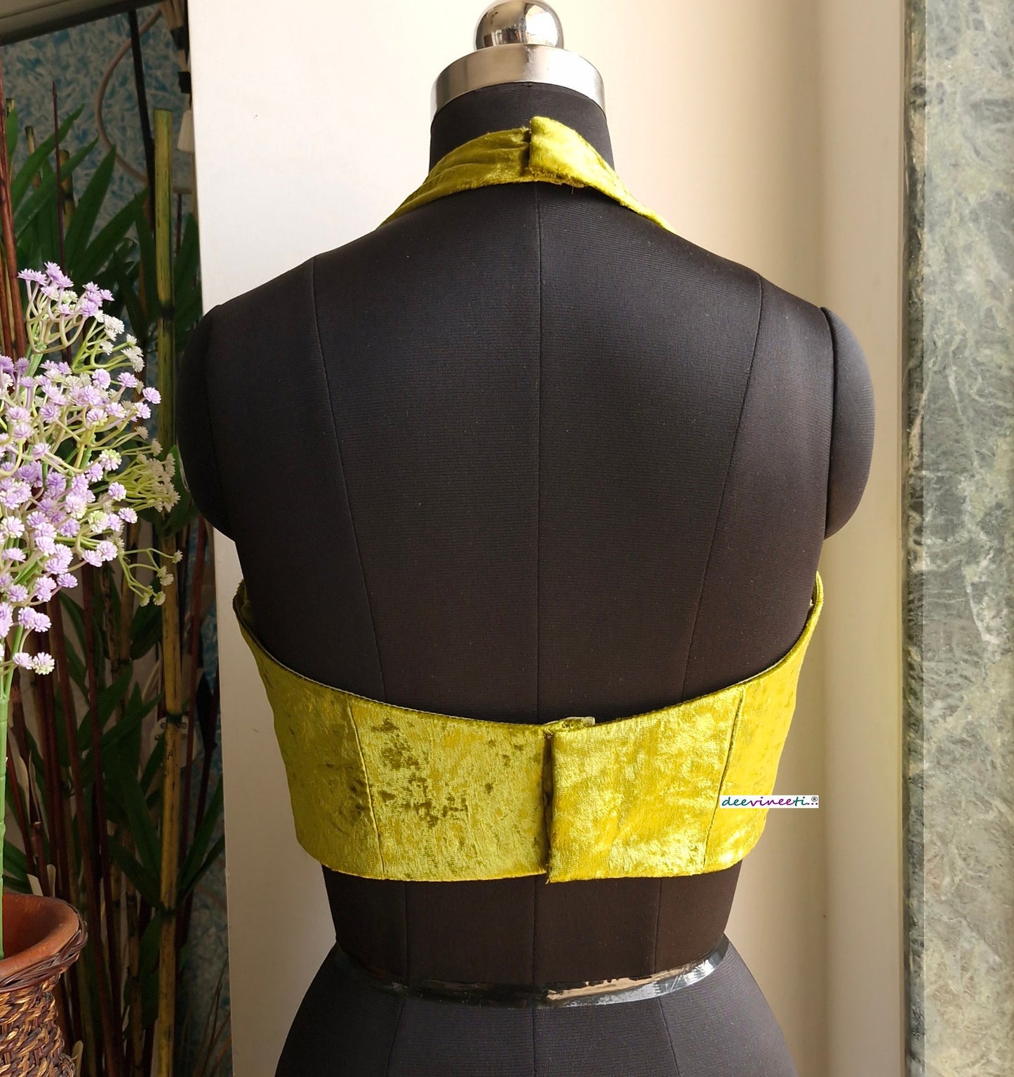Olive Green Viscose Velvet Halter Neck Blouse DVBL_333