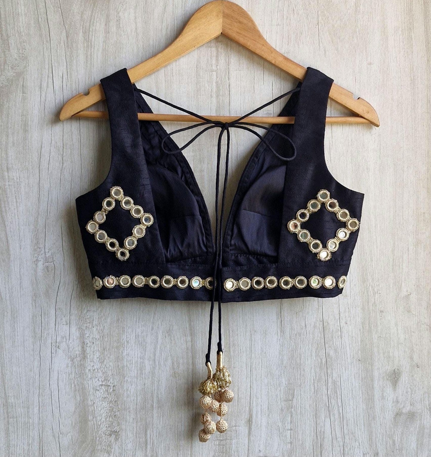 Black Raw Silk Mirror Embroidered Plunge Neckline Blouse DVBL_459