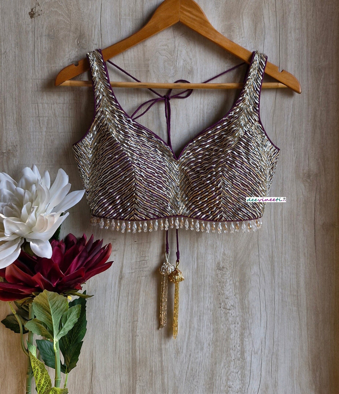 Hand Embroidered Wine with Gold and Silver Cutdana Blouse DVBL_352