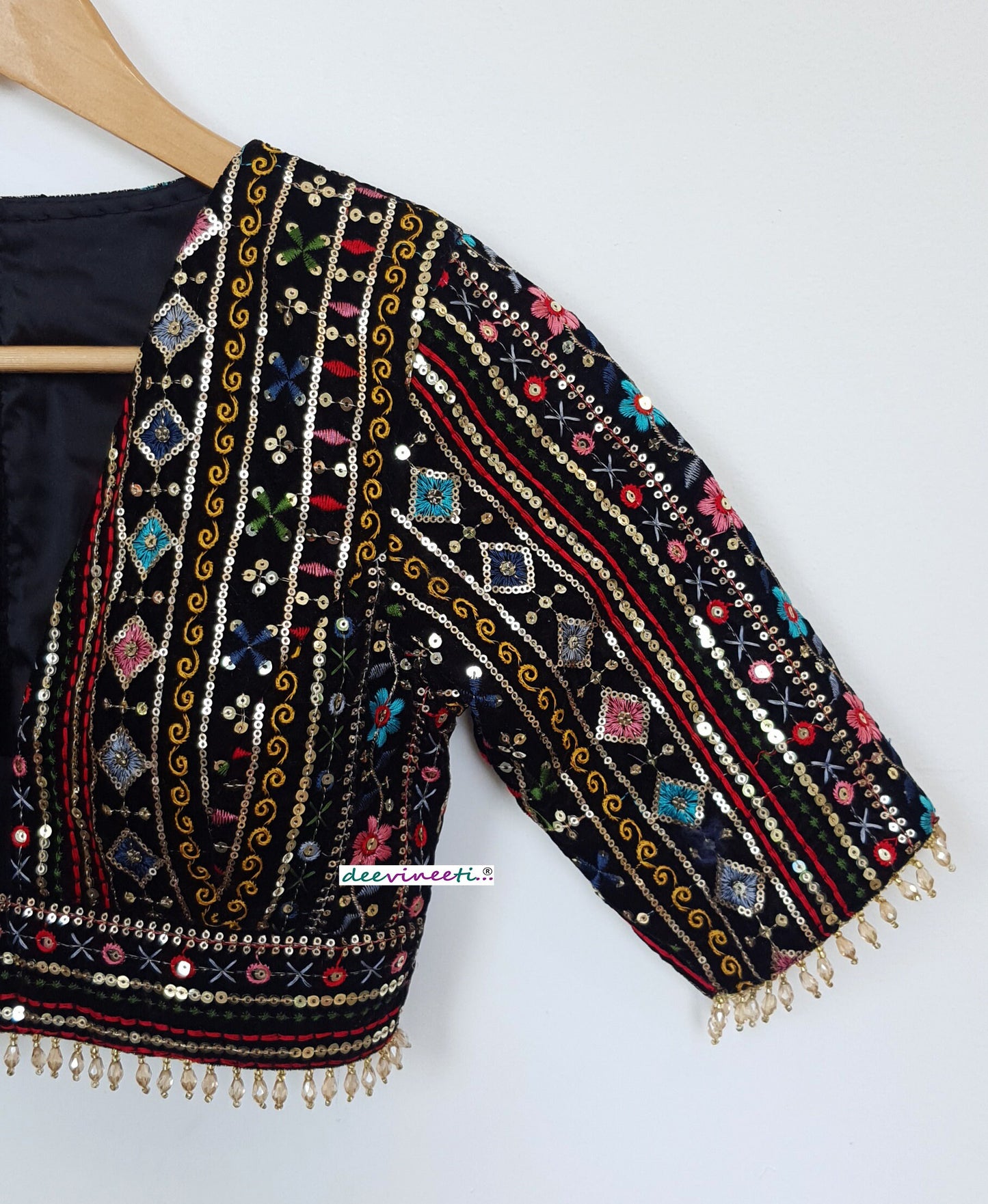 Black Embroidered Velvet Plunge Neckline Blouse DVBL_294