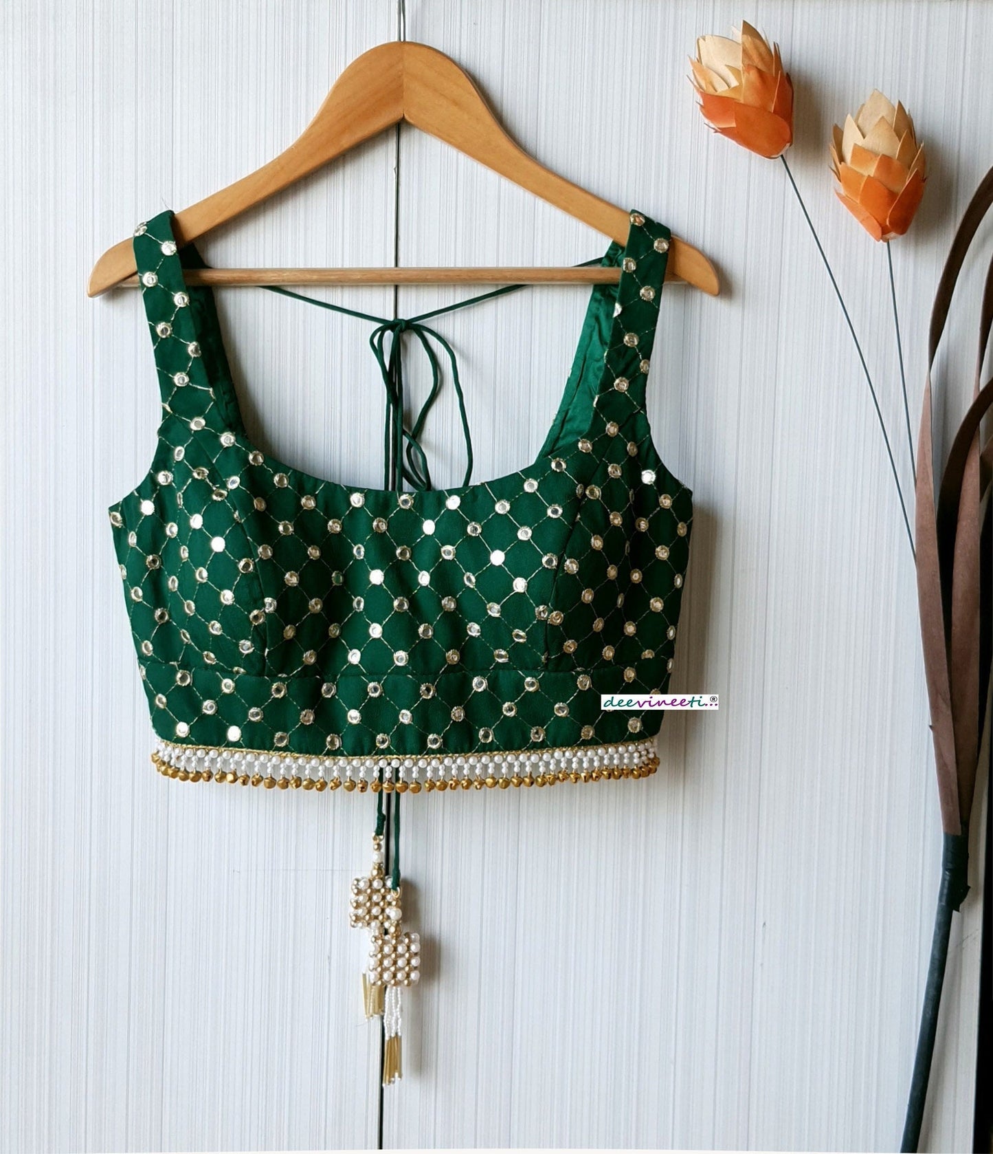 Faux Mirror Embroidered Green Square Neck Blouse DVBL_222