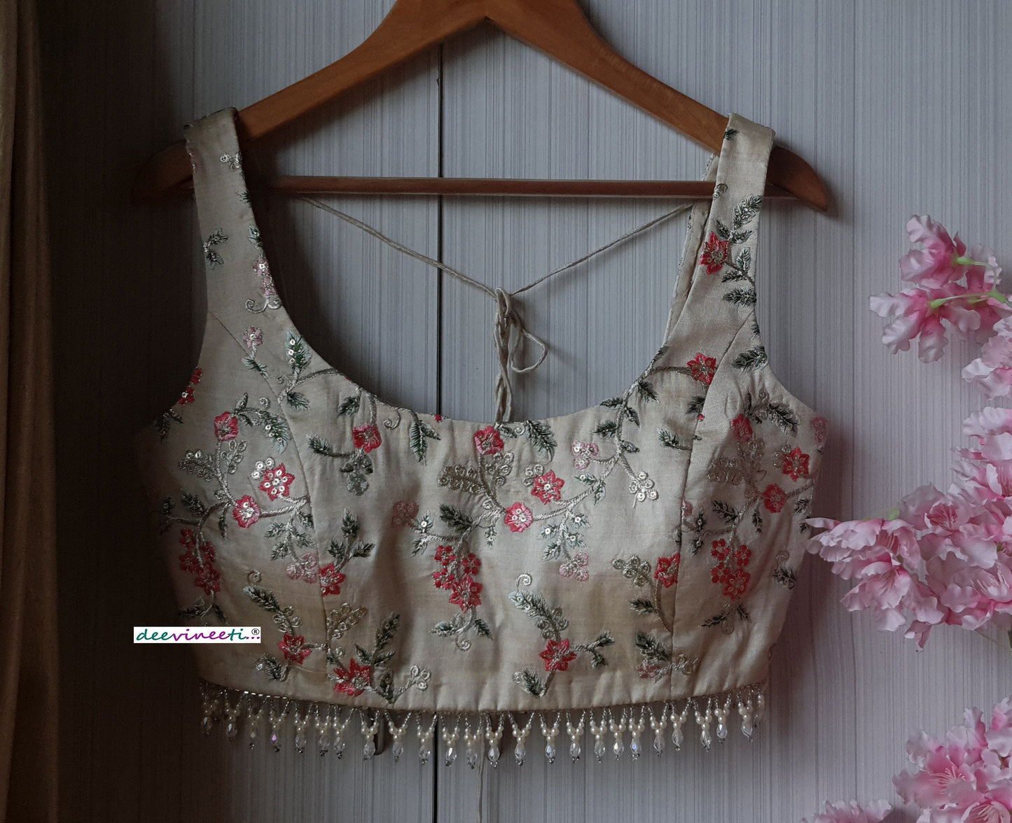 Cream Embroidered Silk U Neck  Blouse DVBL_191